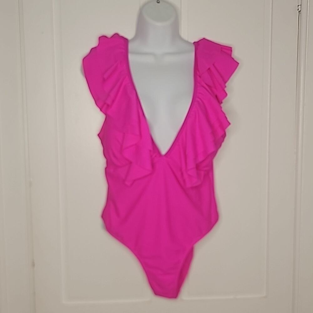 Hot Pink, V-neck, Ruffled neckline One Piece Women's Swimsuit